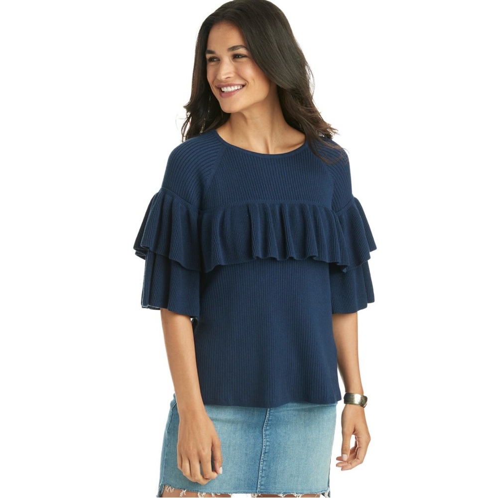 Vineyard Vines Ribbed Ruffle Navy Sweater Size XSmall - Picture 3 of 8